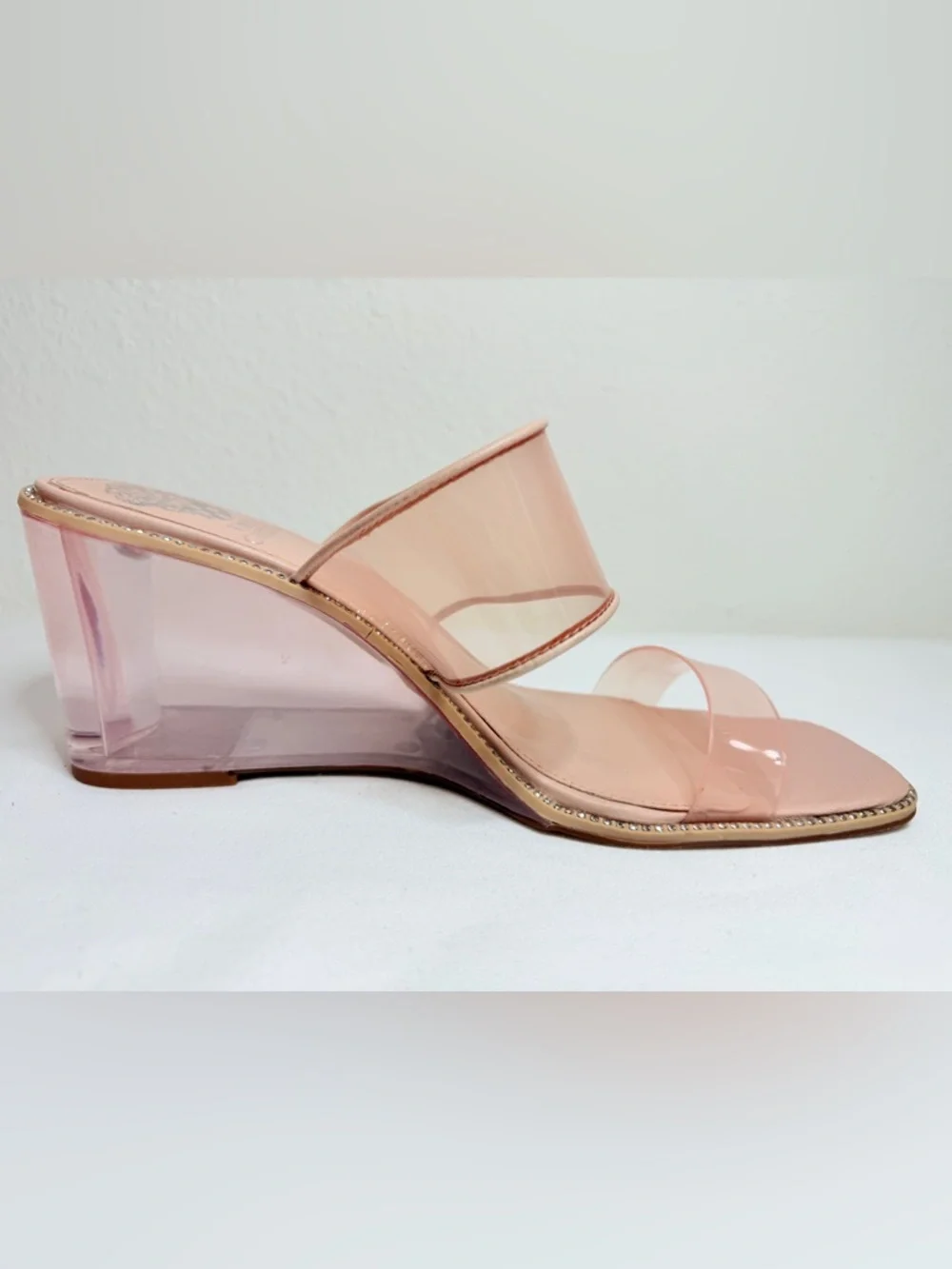 Vince Camuto Clear Pink Wedge Sandals Rhinestone Trim Size 9